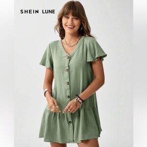 🌟5 for $25🌟 SHEIN Mint Green Button Front Dress With Ruffled Hem, 100% Cotton